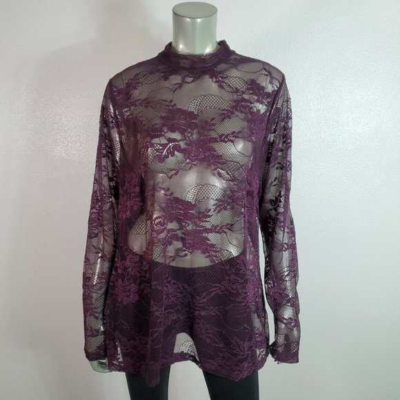 Lane Bryant Top Plus Size 18/20 High Neck Lace Floral Stretch Long Sleeve Purple - Picture 2 of 6